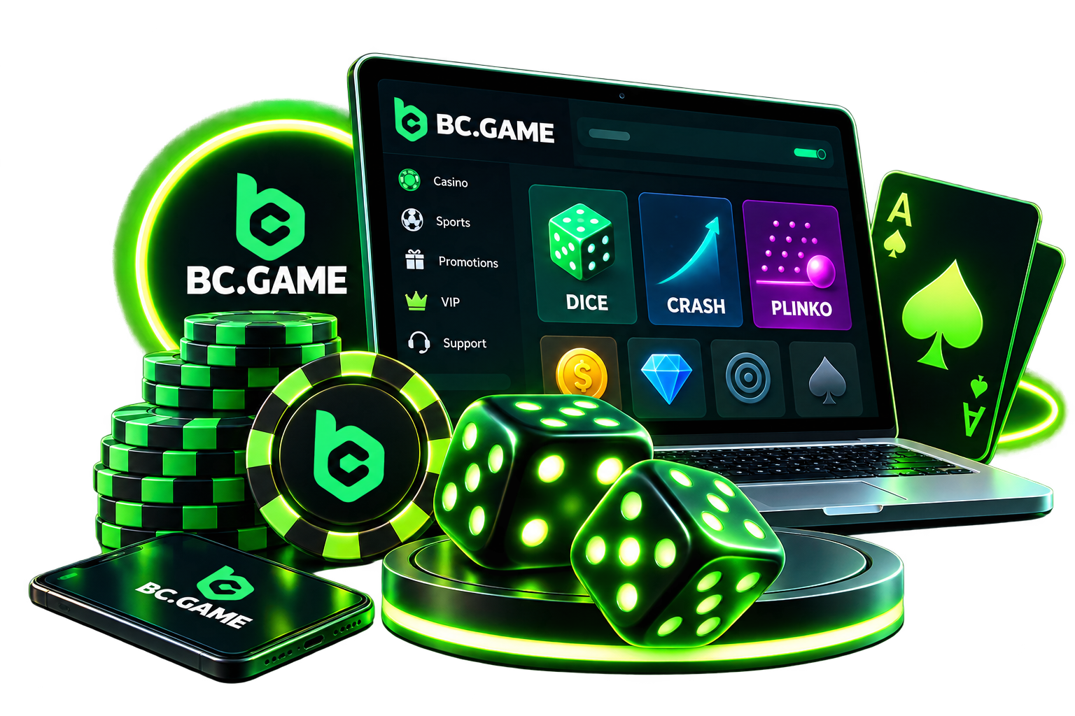 Gaming illustration with dice, chips and game guides